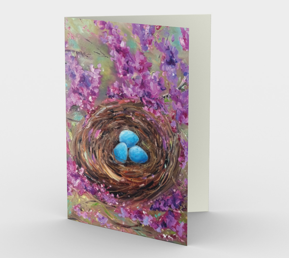 Blue Eggs in Nest with Purple Flowers Card