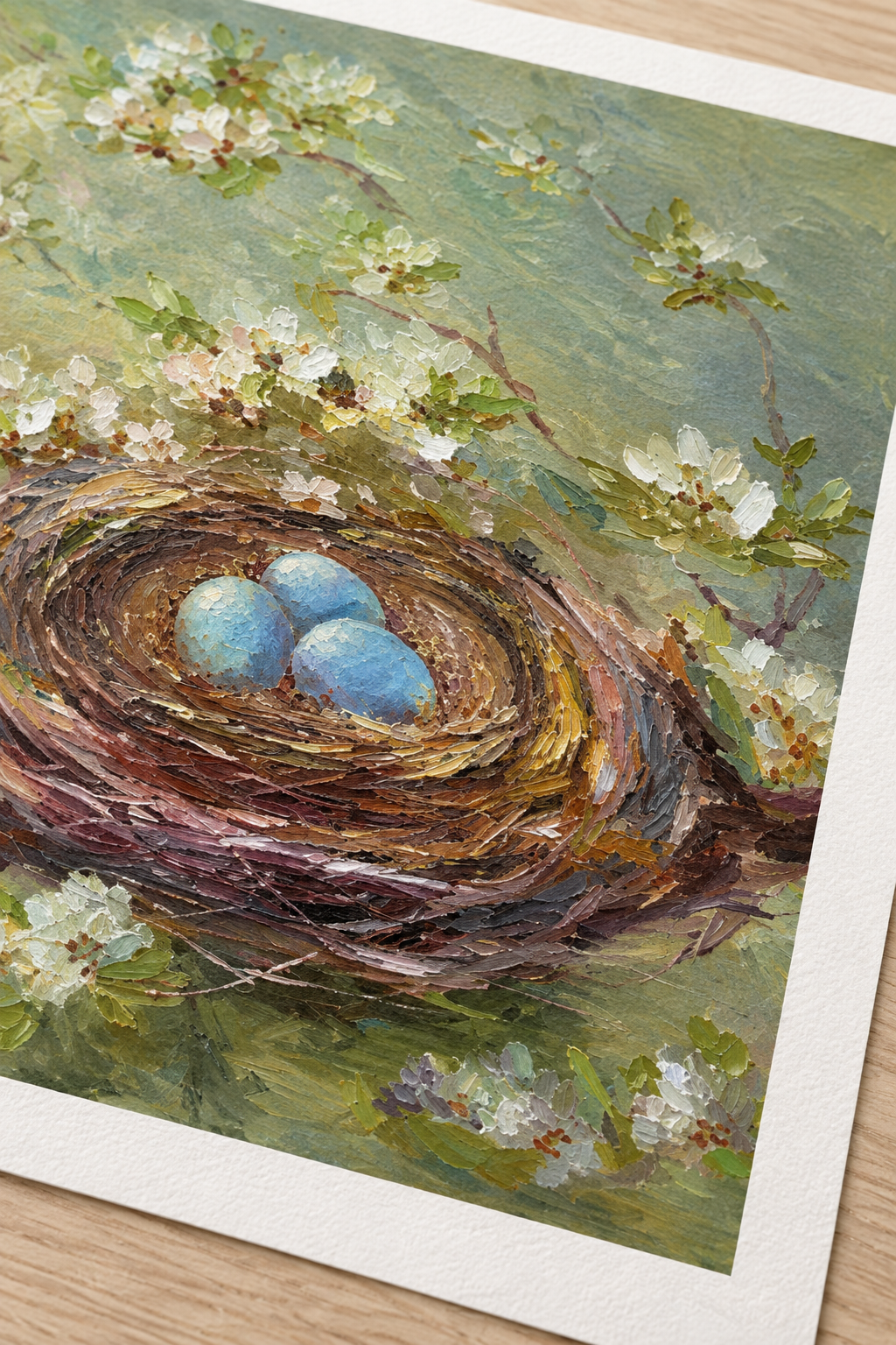 Unframed Nest poster detail showing blue eggs, a bird nest and white blossoms, illustrative close-up.