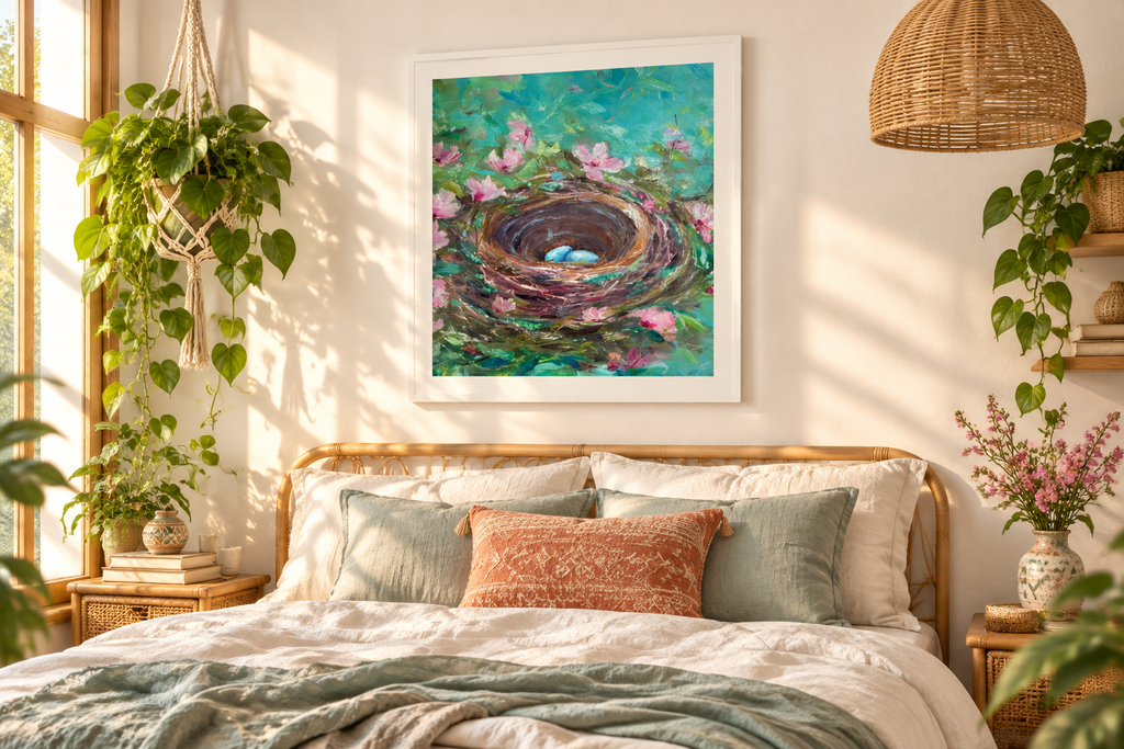 Teal Nest poster displayed in a white frame in a bedroom, room mockup.
