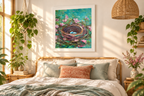 Teal Nest poster displayed in a white frame in a bedroom, room mockup.