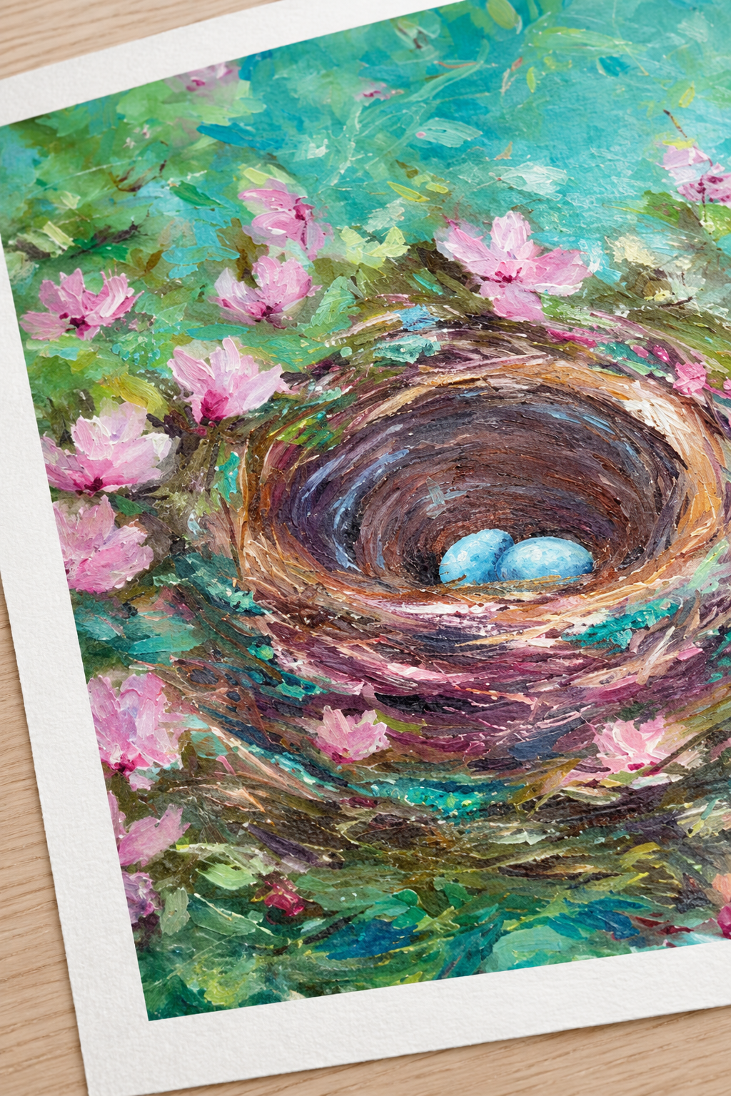 Unframed Teal Nest poster detail with blue eggs and pink blossoms against teal, illustrative close-up.