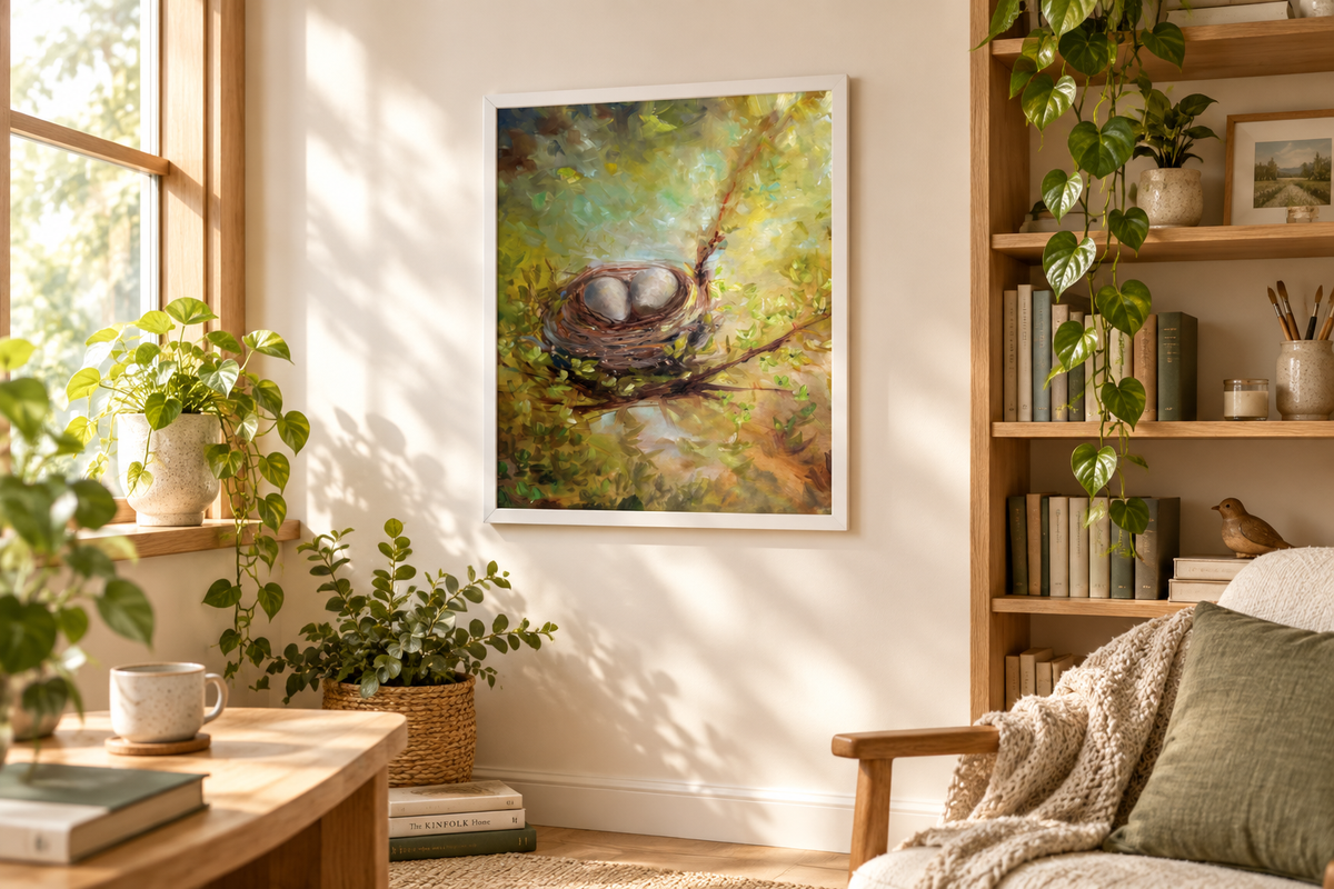 Morning Light Nest poster displayed in a white frame in a reading nook, room mockup.