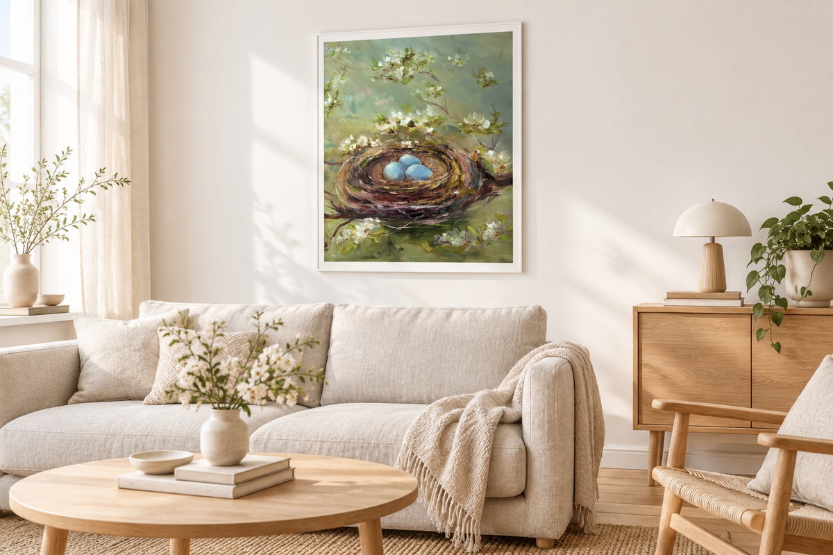Nest poster displayed in a white frame in a living room, room mockup.