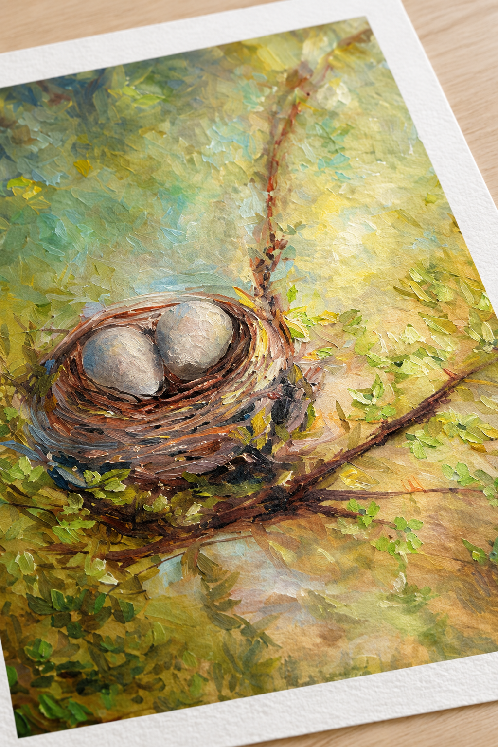 Unframed Morning Light Nest poster detail with pale eggs and golden-green tones, illustrative close-up.